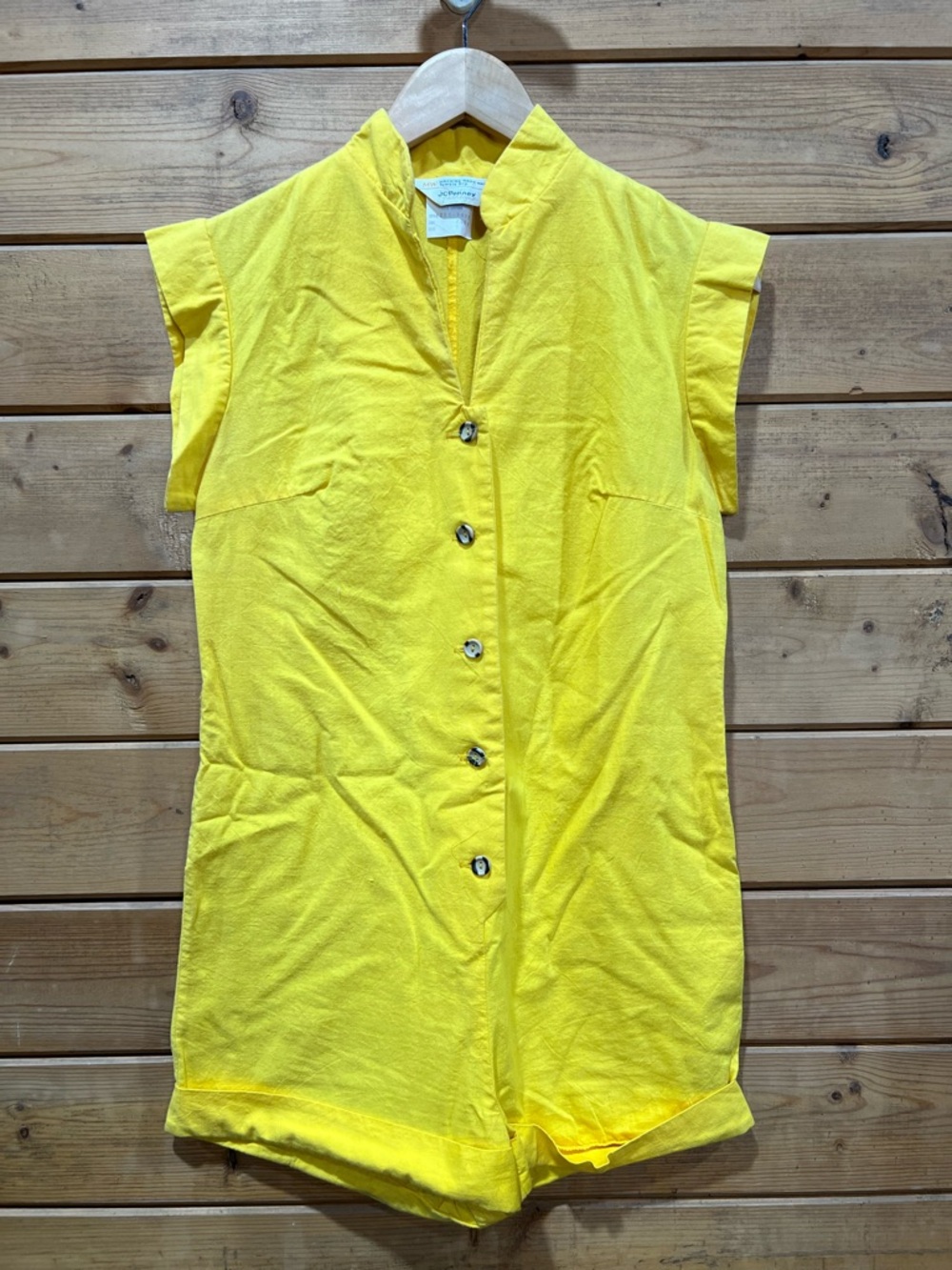 Vintage JCPenney Yellow Mandarin Collar Romper Shorts XS Cotton Cuffed Hems